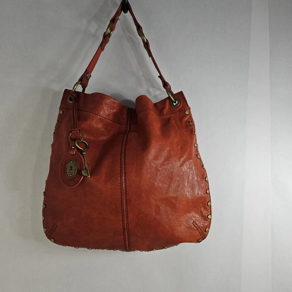 Fossil Long Live Vintage Hobo Burnt Orange Leather Brass Studded